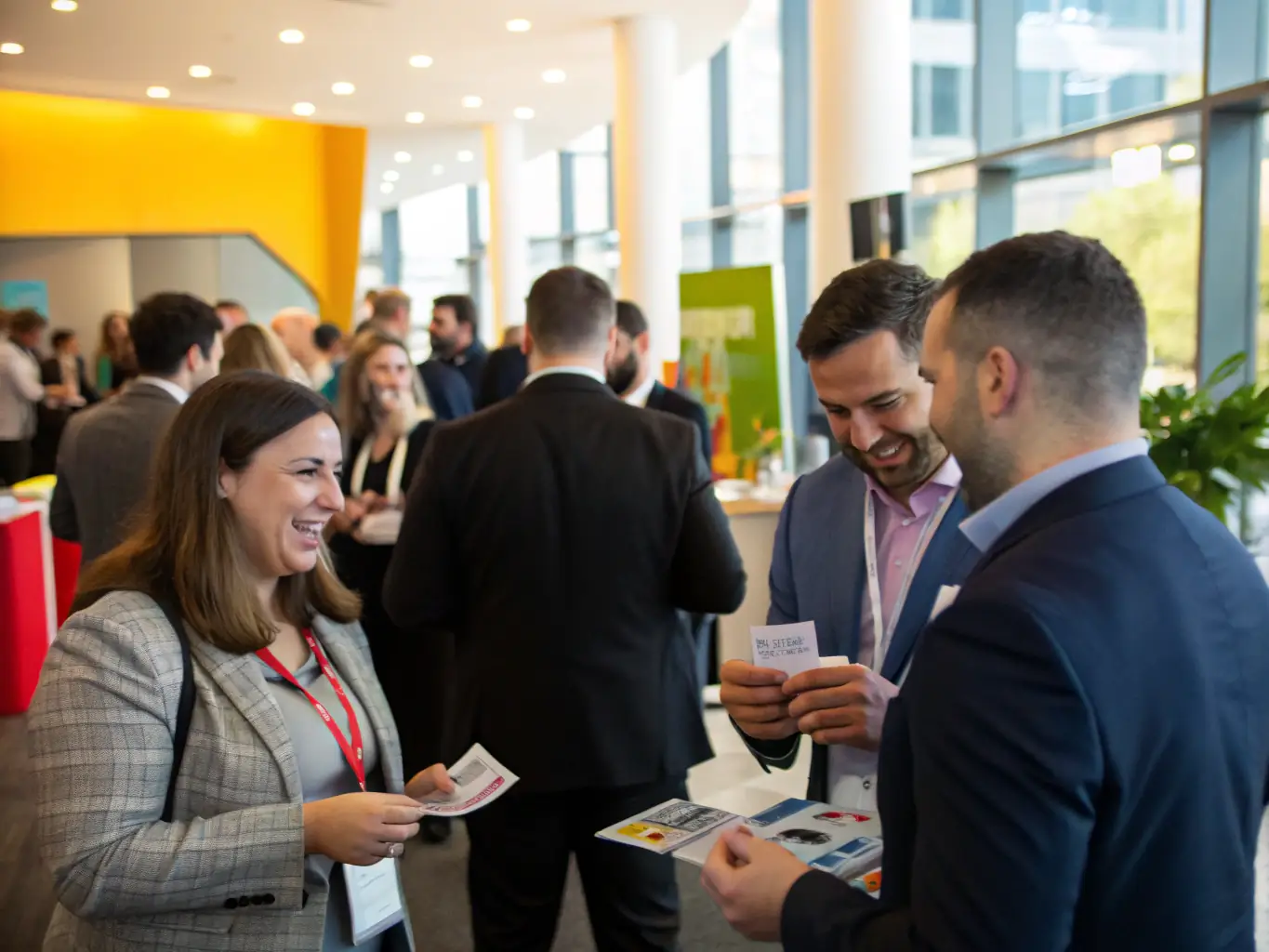 A vibrant image of a networking event at a LeaConnectSum conference, with professionals exchanging business cards and engaging in lively conversations.
