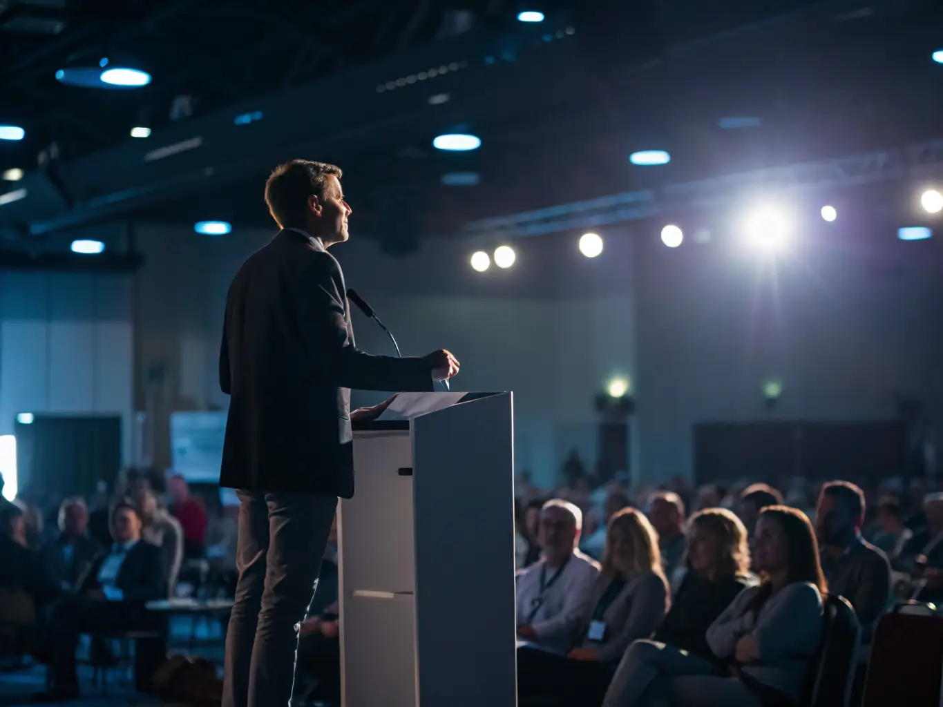 A captivating photo of a keynote speaker delivering an inspiring presentation at a LeaConnectSum conference, capturing the audience's attention and enthusiasm.
