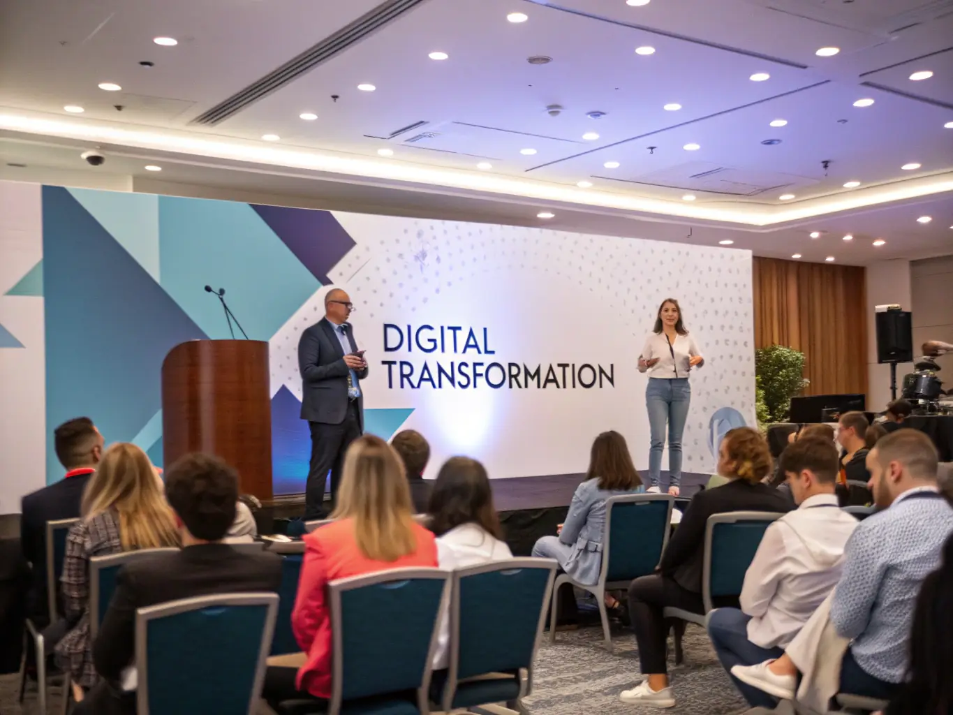 A keynote speaker delivering a presentation on business strategy at a LeaConnectSum conference, with attendees listening attentively and taking notes.