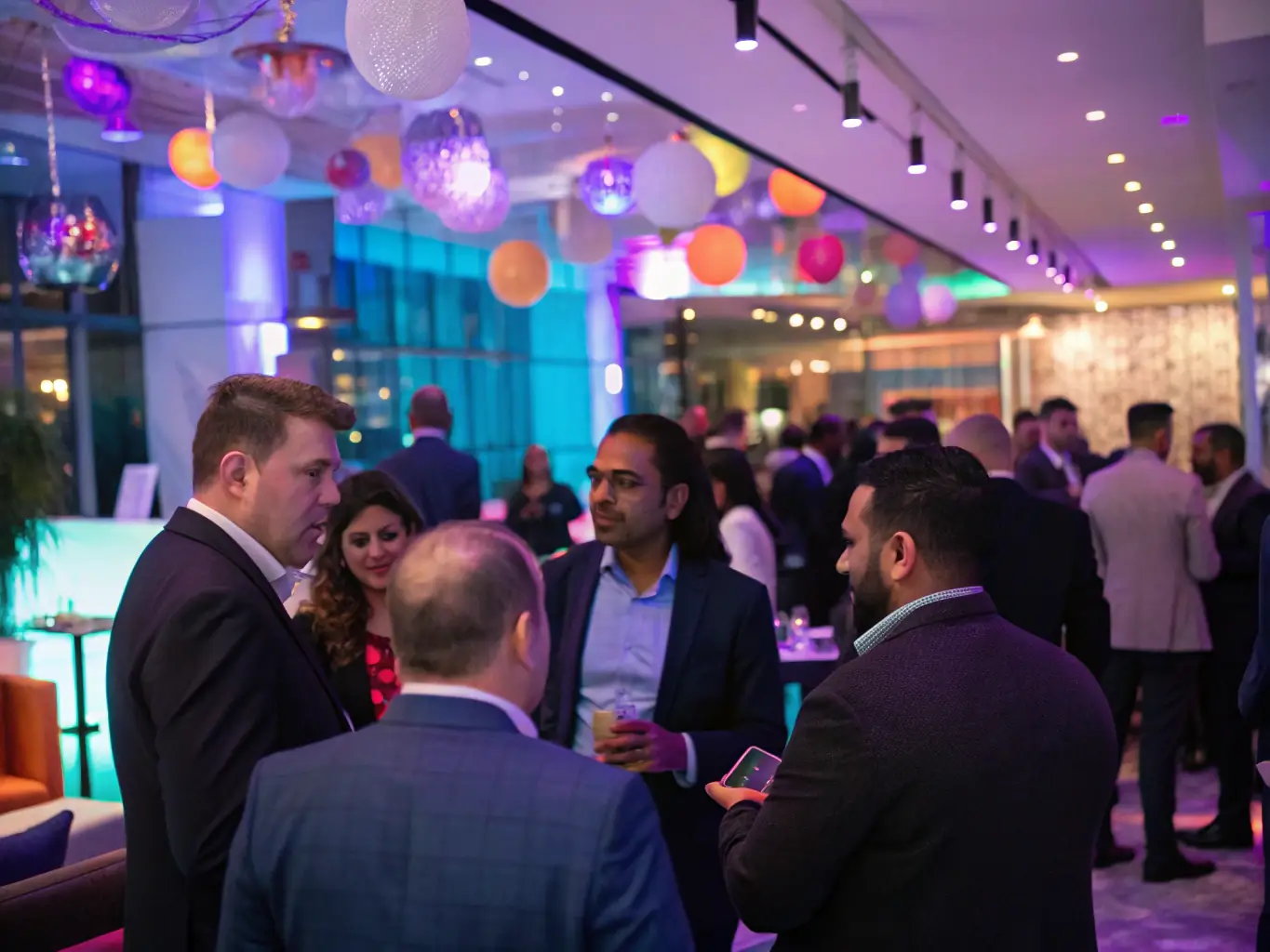 A diverse group of business professionals actively networking during a coffee break at a LeaConnectSum conference, set in a modern conference venue with branding visible.